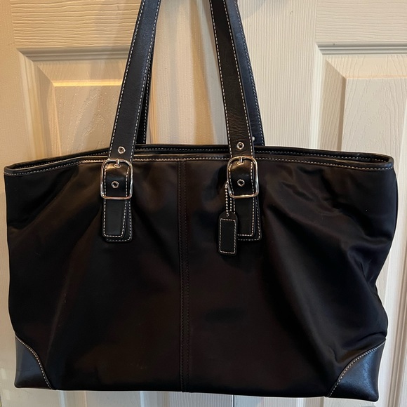 Coach Handbags - Coach Nylon Black Tote Leather Trim Shoulder Logo Purse Work Travel